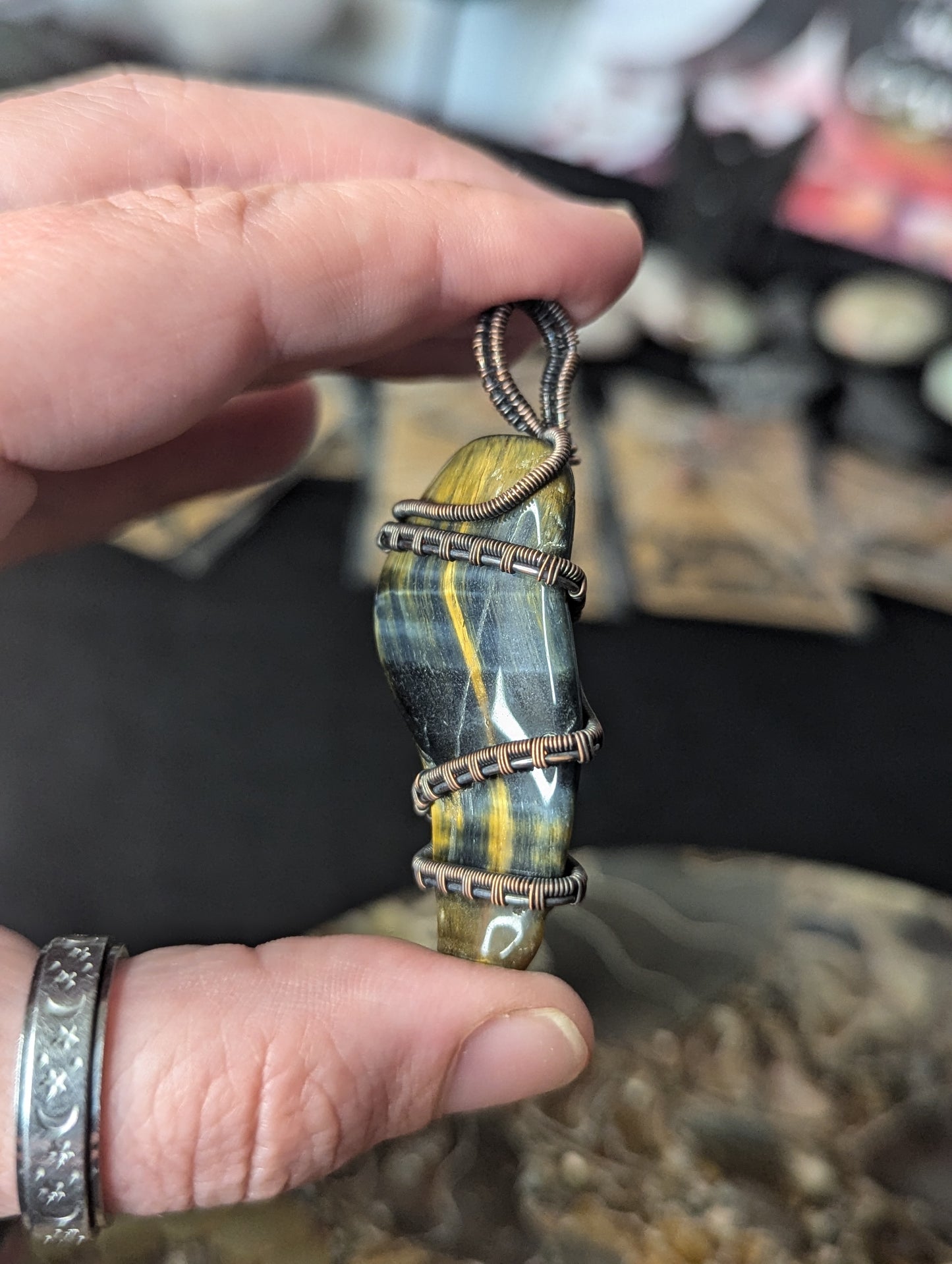 Handmade Tigers Eye & Hawk Eye Wire Wrapped Pendant
