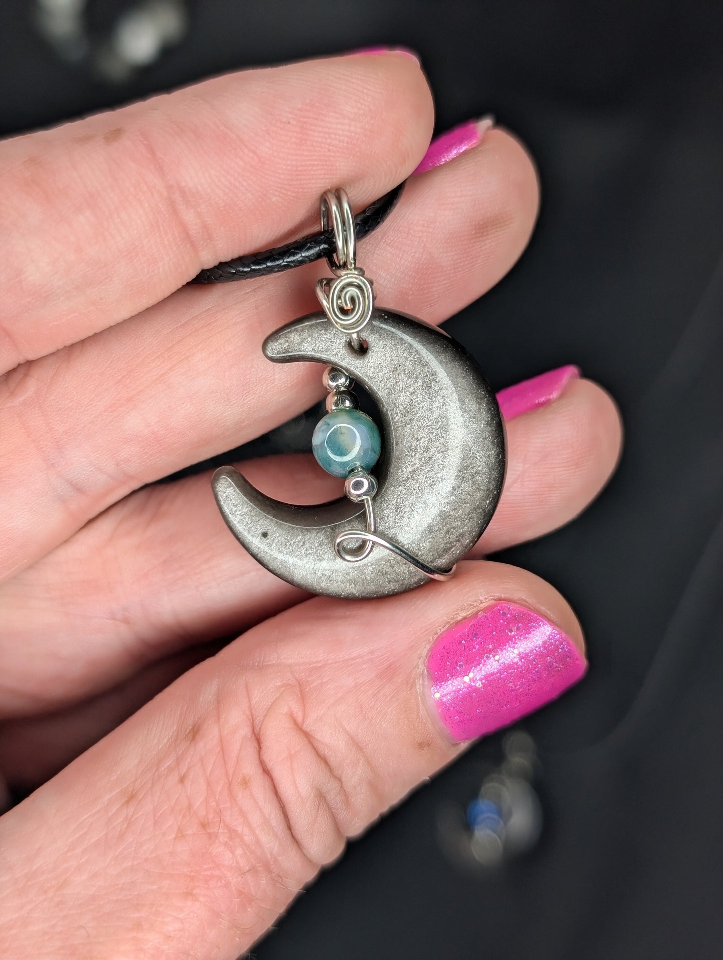 Handmade Silver Sheen Obsidian Crystal Wire Wrapped Pendant