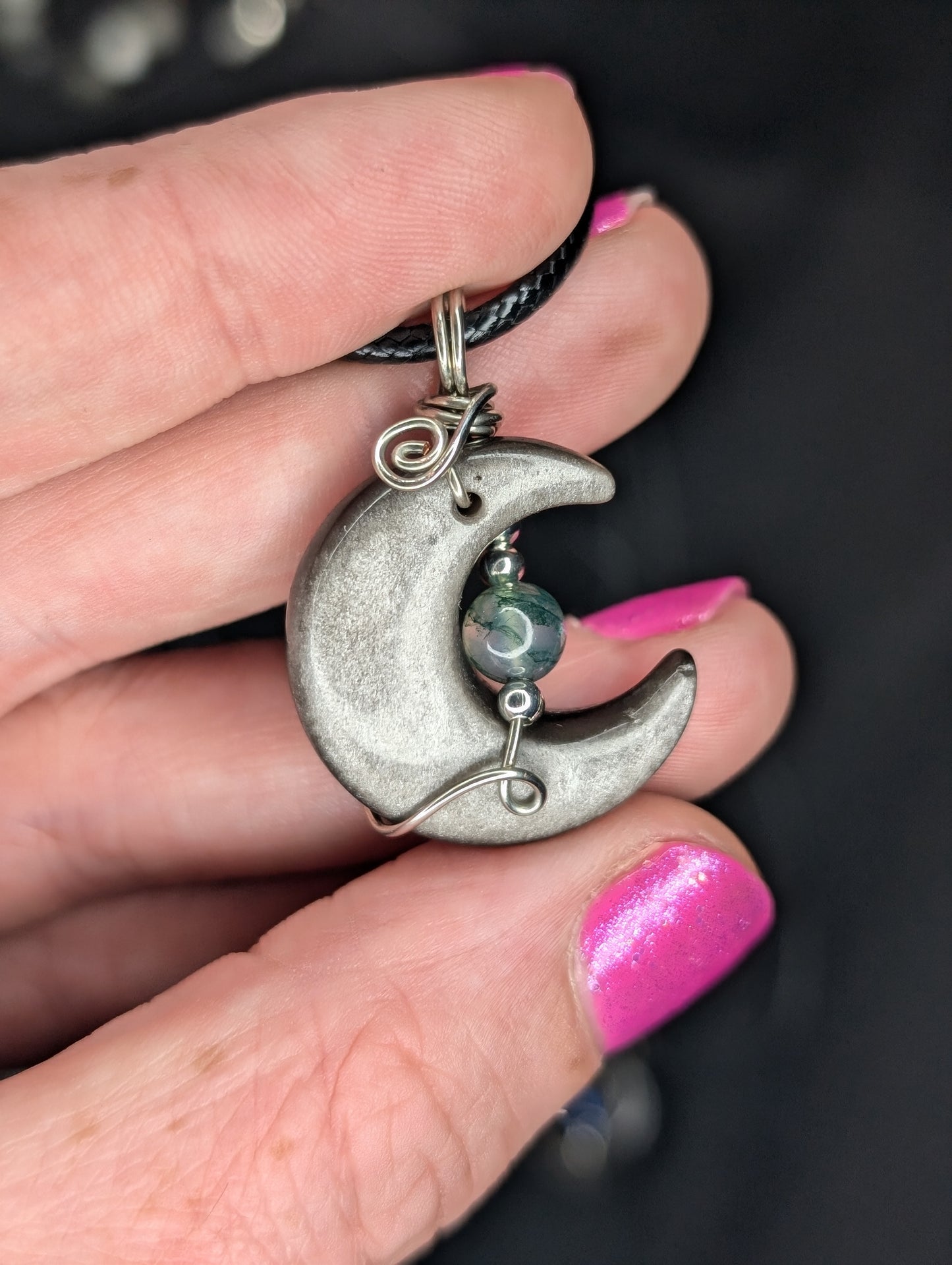 Handmade Silver Sheen Obsidian Crystal Wire Wrapped Pendant