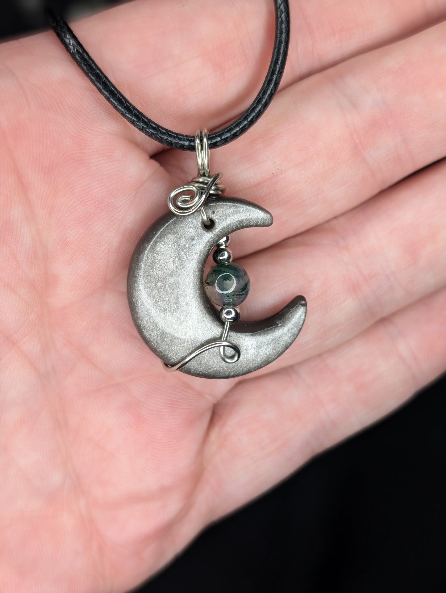 Handmade Silver Sheen Obsidian Crystal Wire Wrapped Pendant