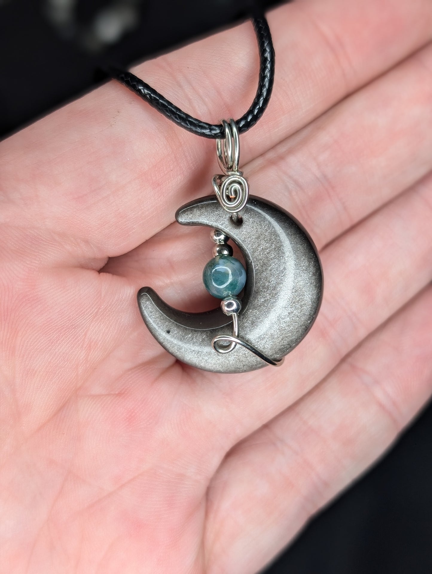 Handmade Silver Sheen Obsidian Crystal Wire Wrapped Pendant