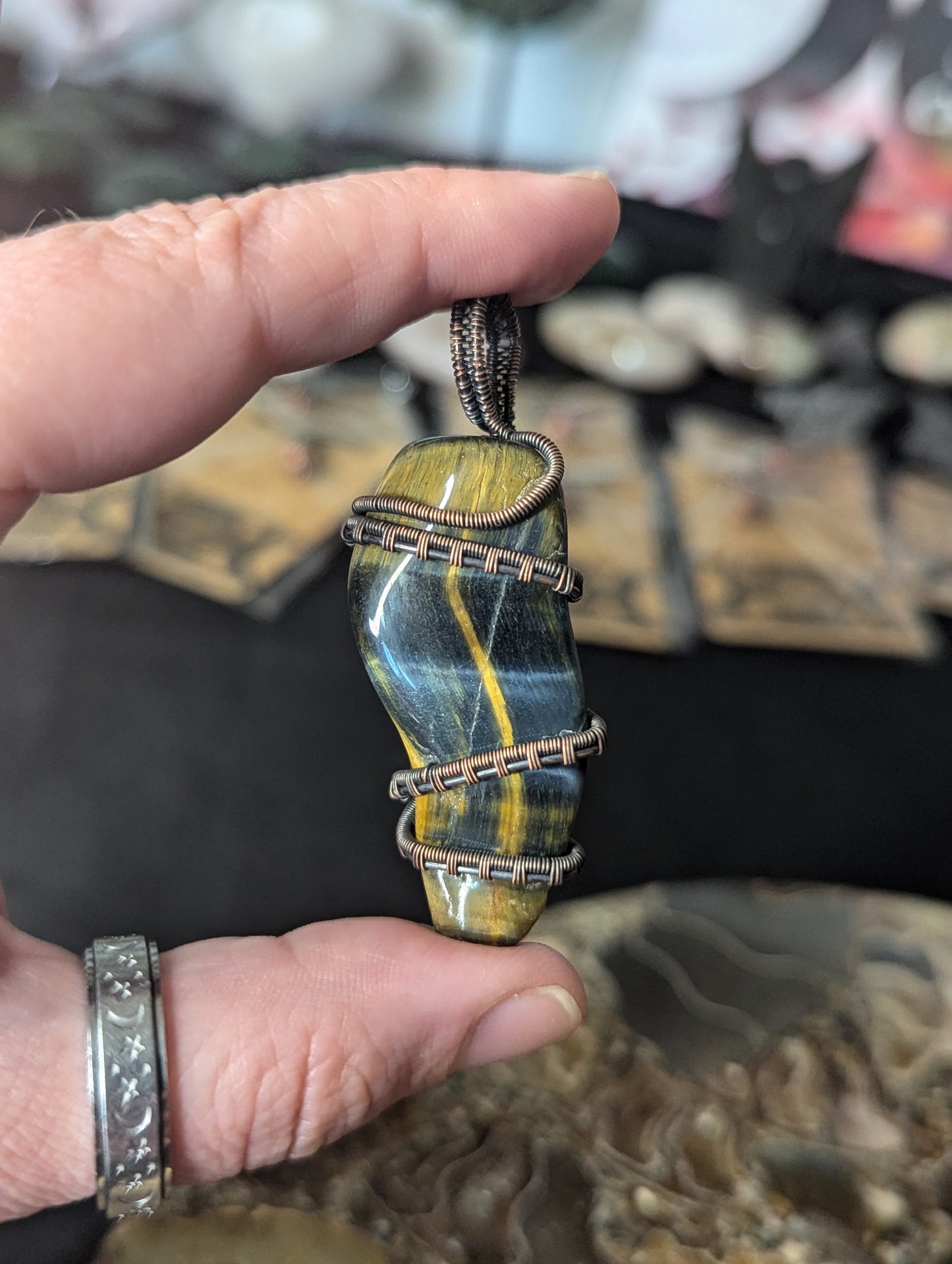 Handmade Tigers Eye & Hawk Eye Wire Wrapped Pendant