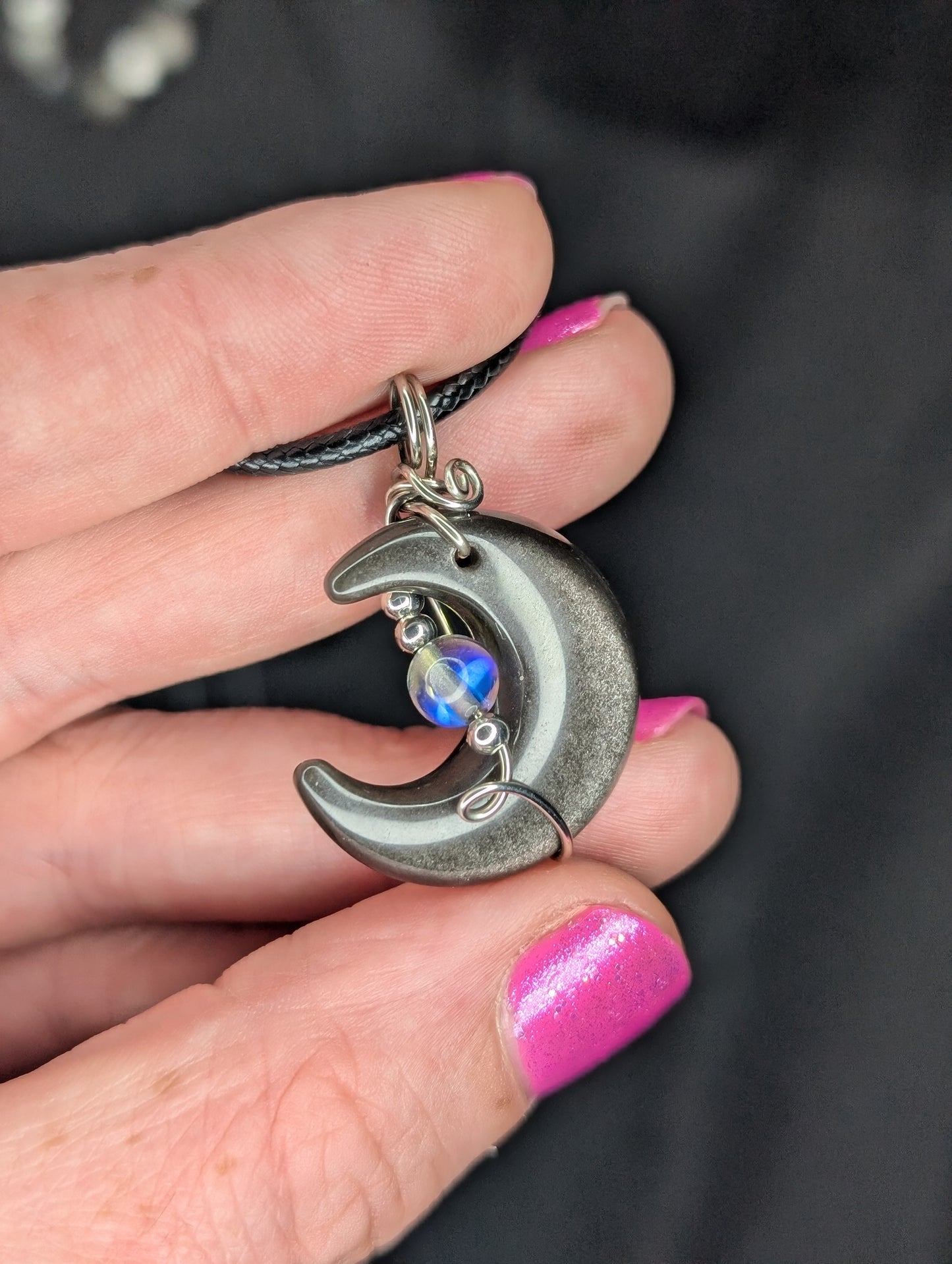 Handmade Silver Sheen Obsidian Crystal Wire Wrapped Pendant
