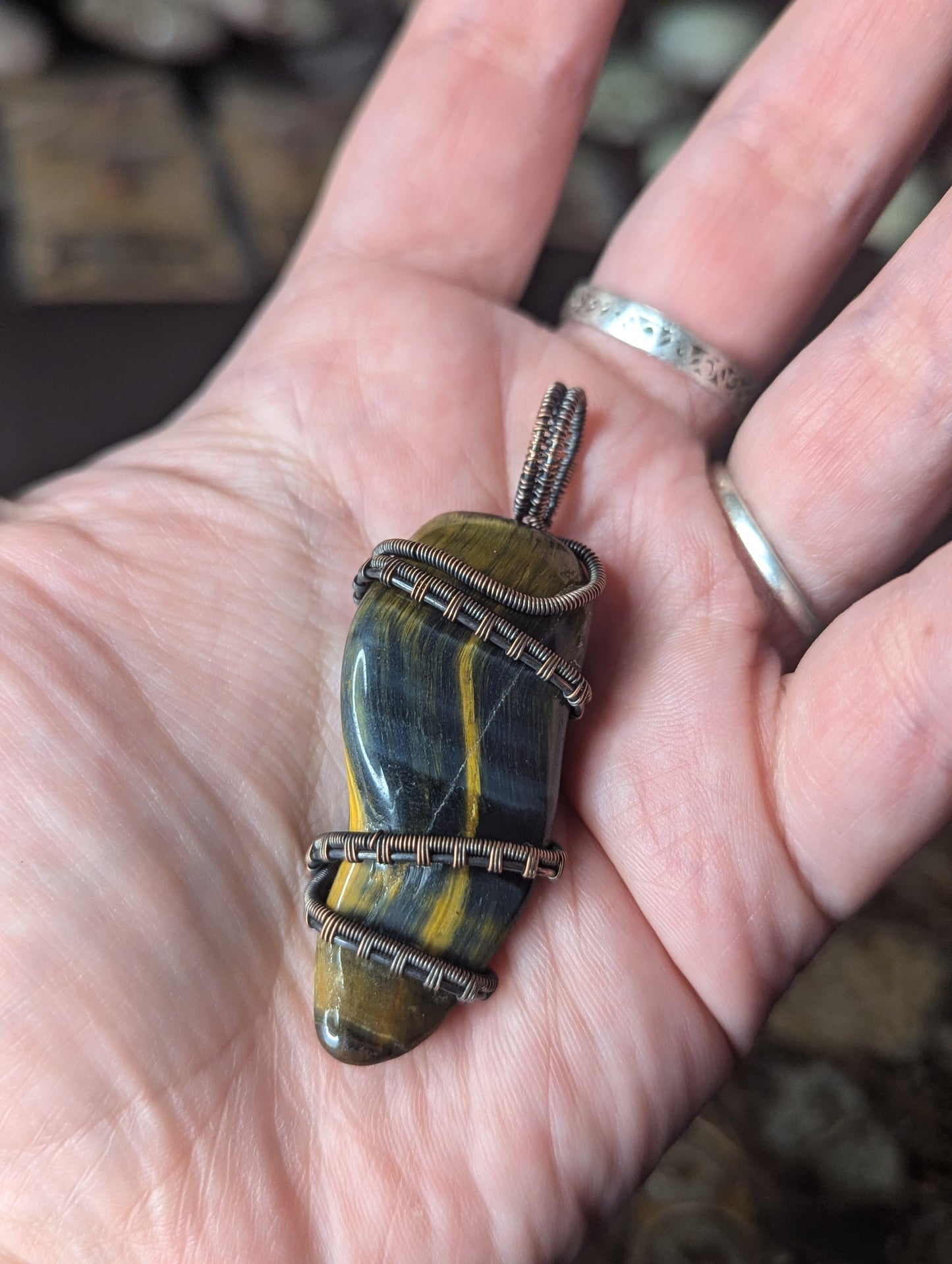 Handmade Tigers Eye & Hawk Eye Wire Wrapped Pendant