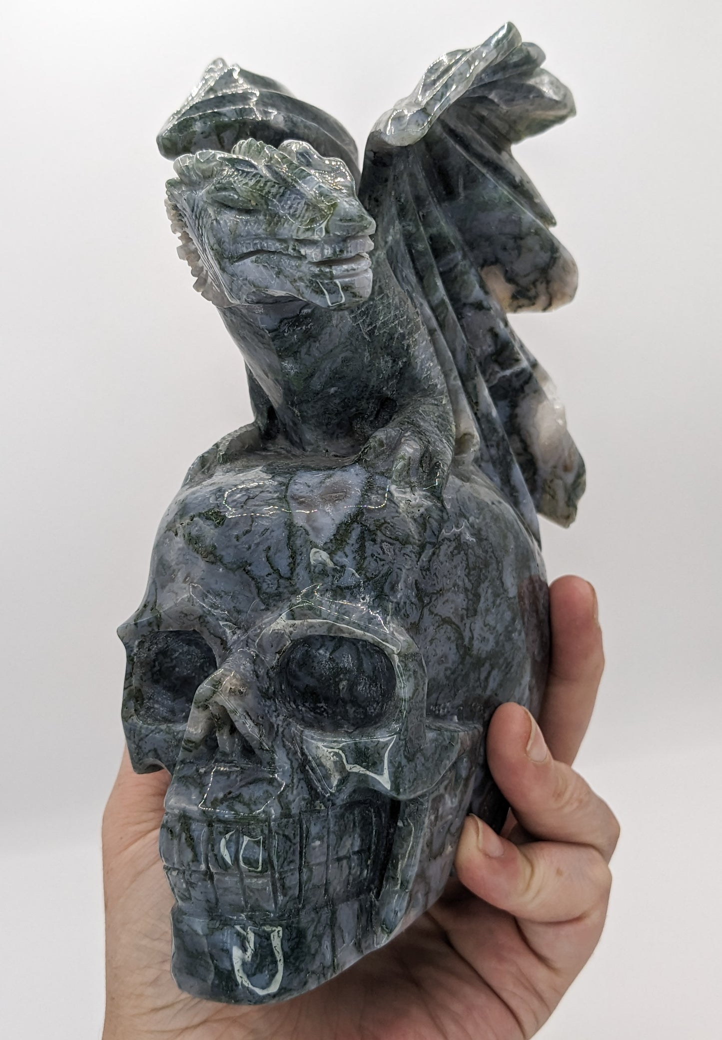 Large Moss Agate Skull with Dragon Carving