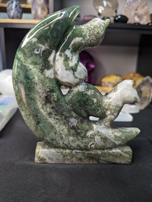 Moss Agate Fox & Moon Carving