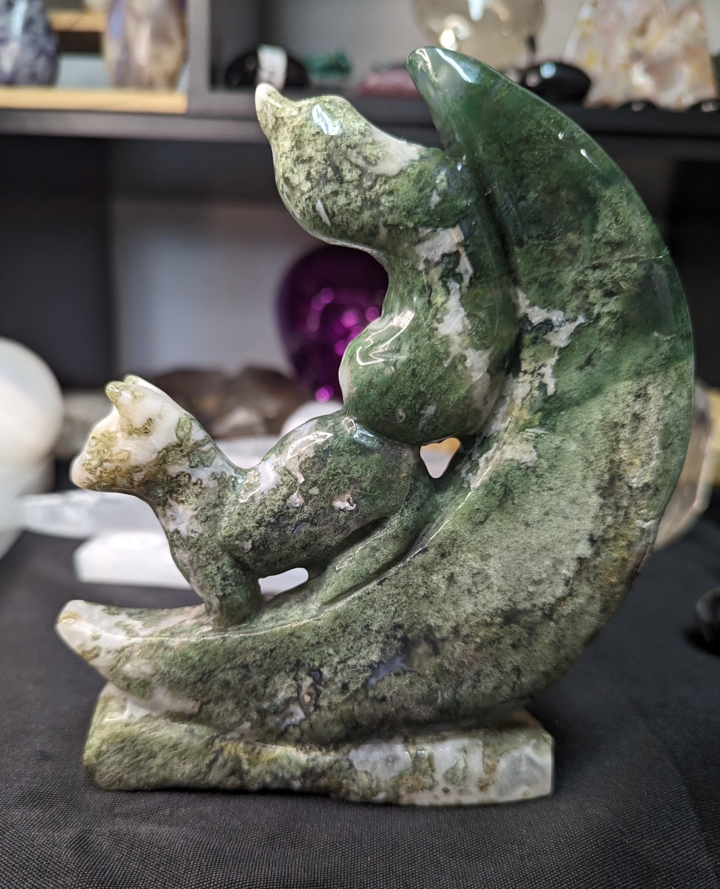 Moss Agate Fox & Moon Carving