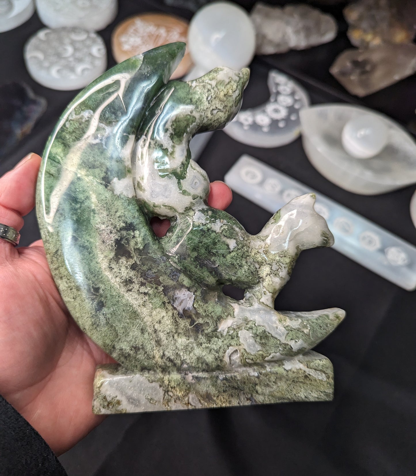 Moss Agate Fox & Moon Carving