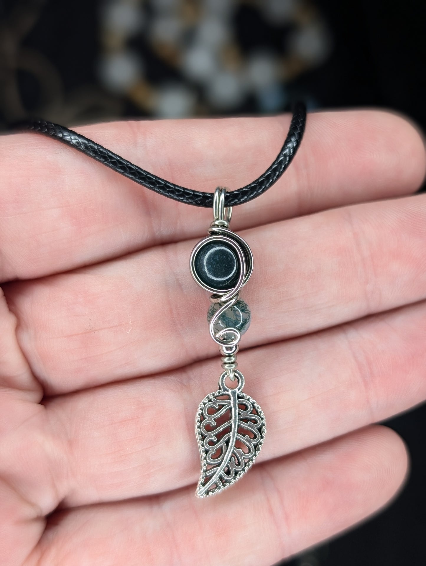 Handmade Moss Agate Leaf Wire Wrapped Pendant