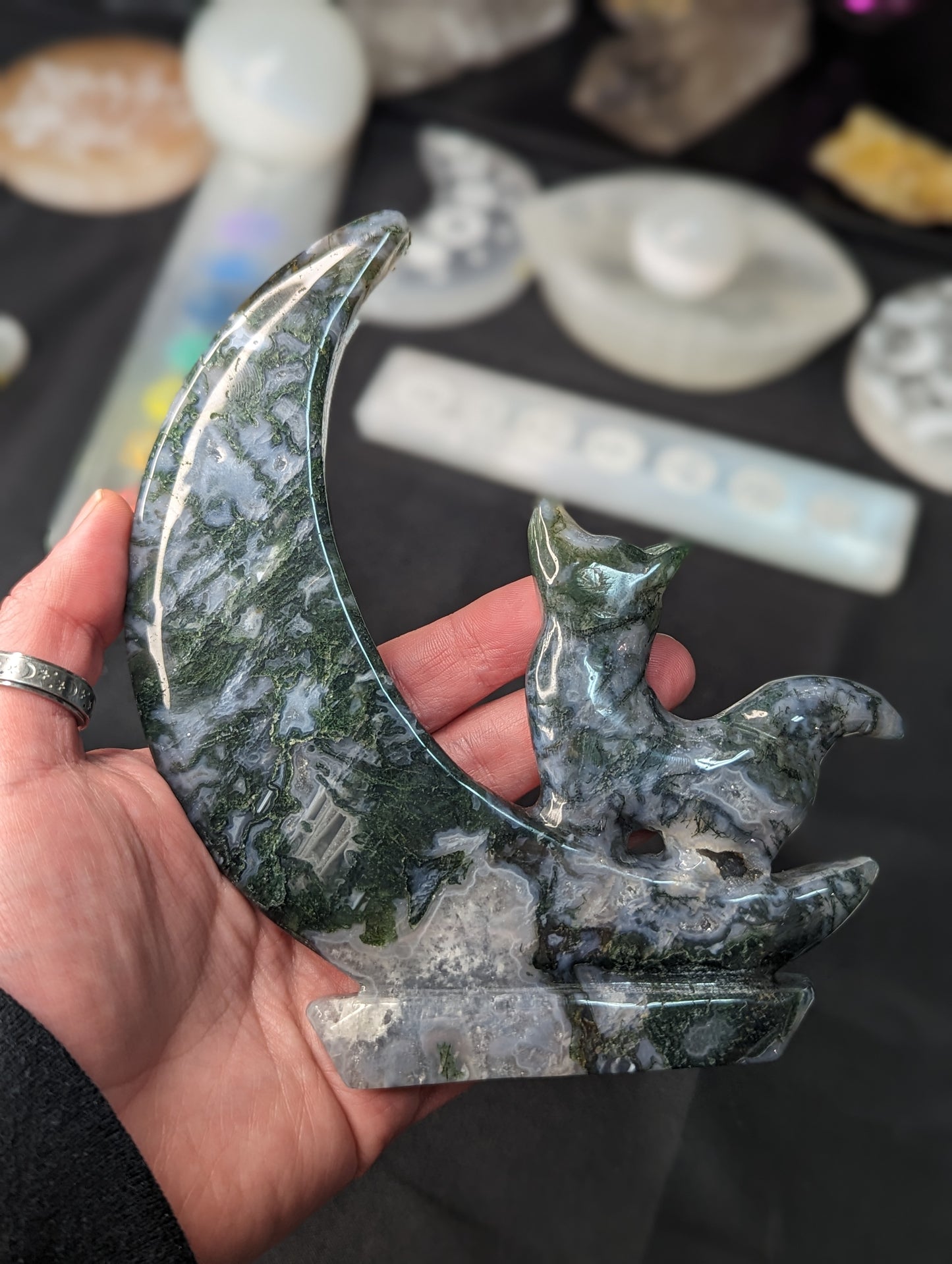 Moss Agate Wolf & Moon Carving