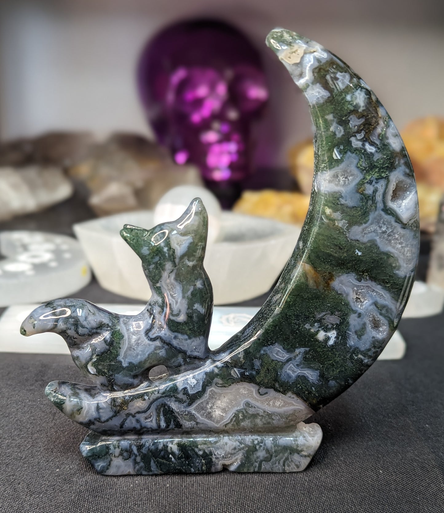 Moss Agate Wolf & Moon Carving