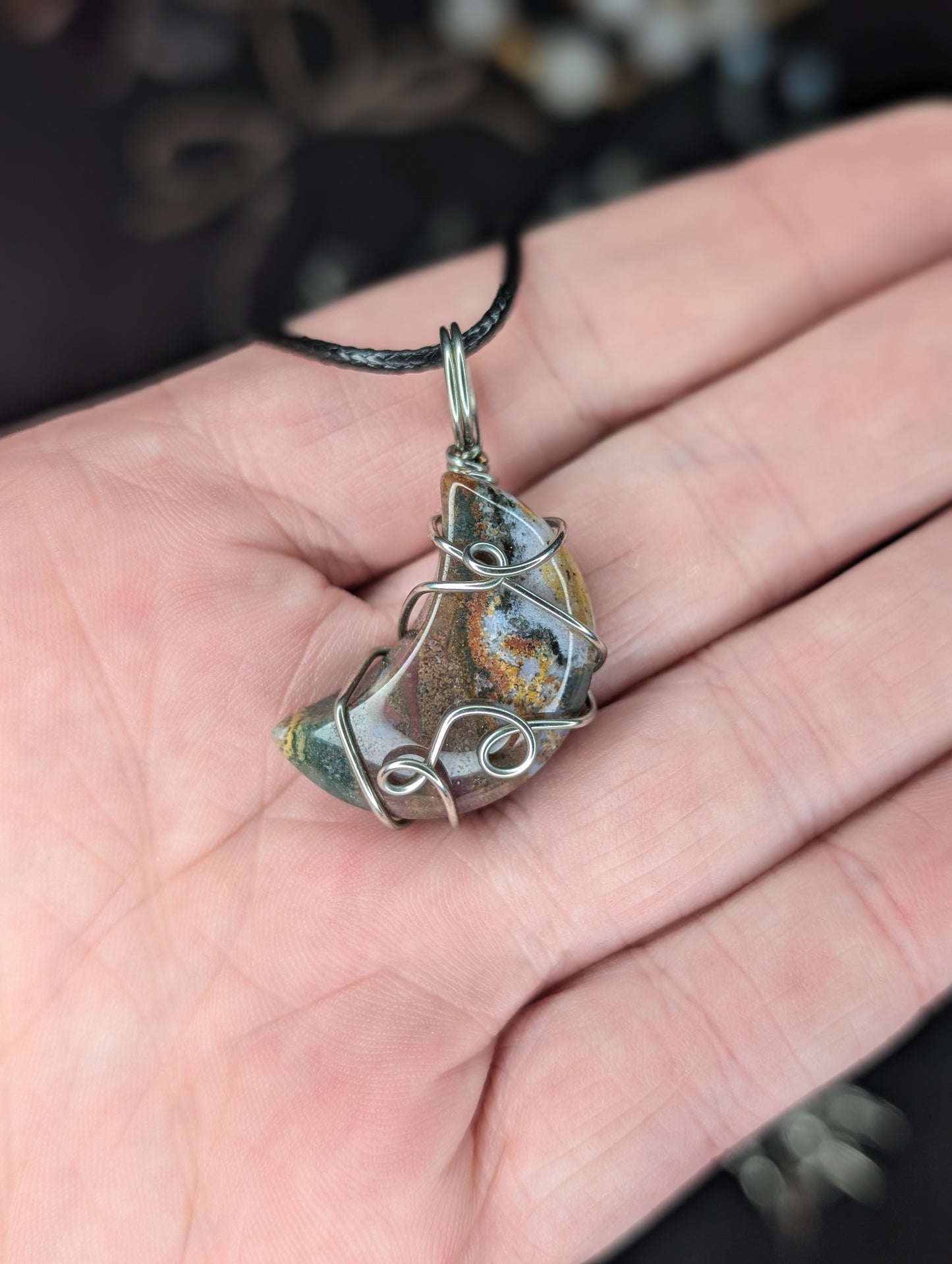 Handmade River Jasper Moon Wire Wrapped Pendant