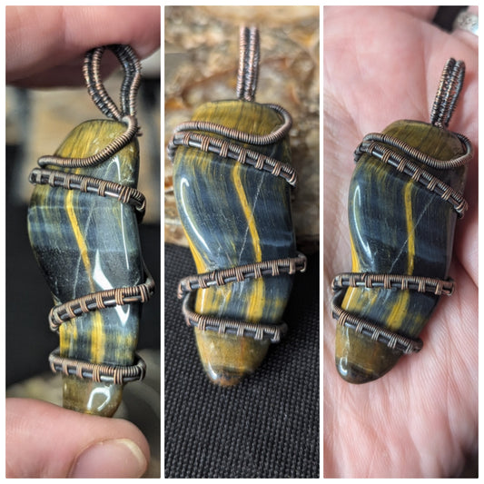 Handmade Tigers Eye & Hawk Eye Wire Wrapped Pendant