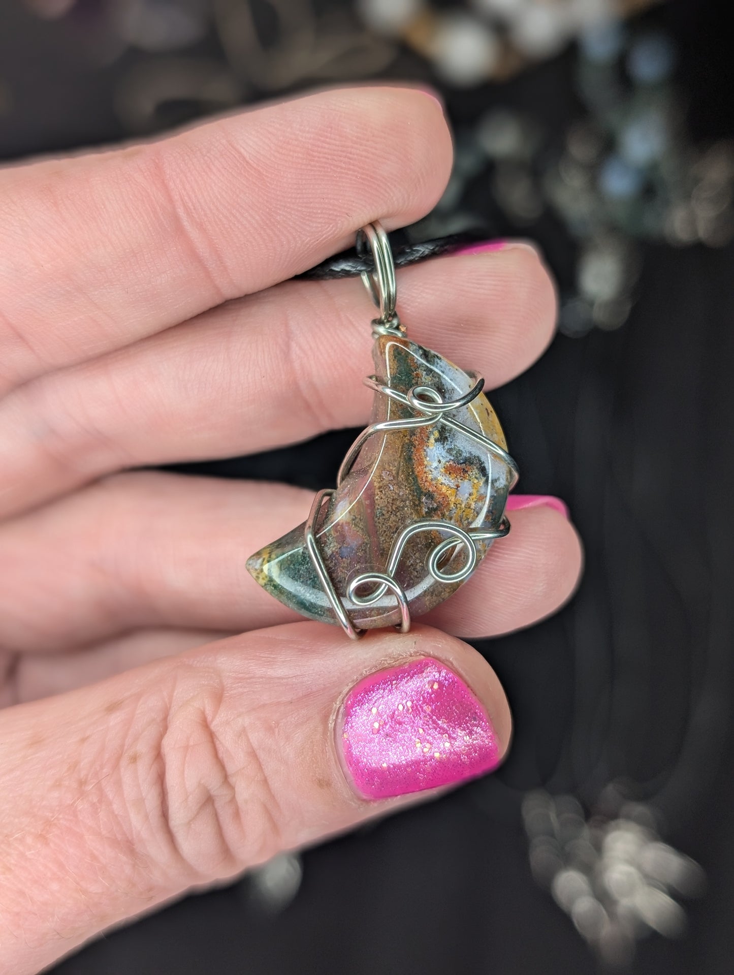 Handmade River Jasper Moon Wire Wrapped Pendant