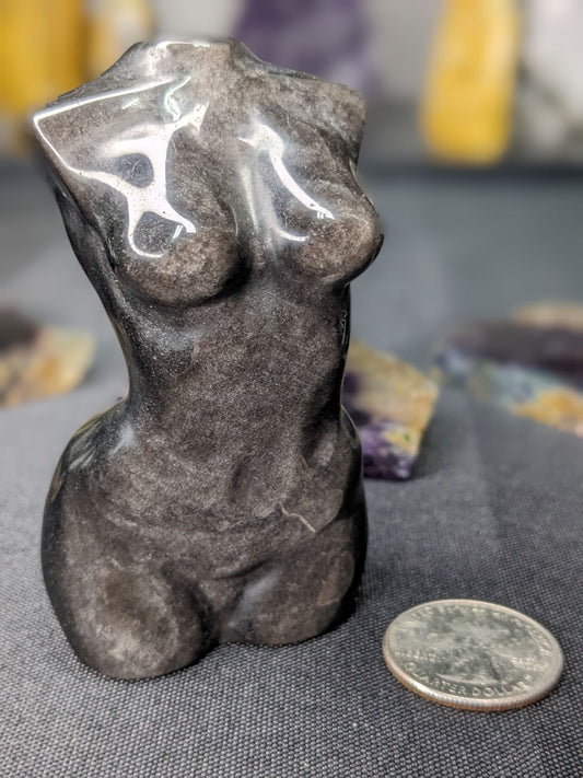 Silver Sheen Obsidian Female Carving