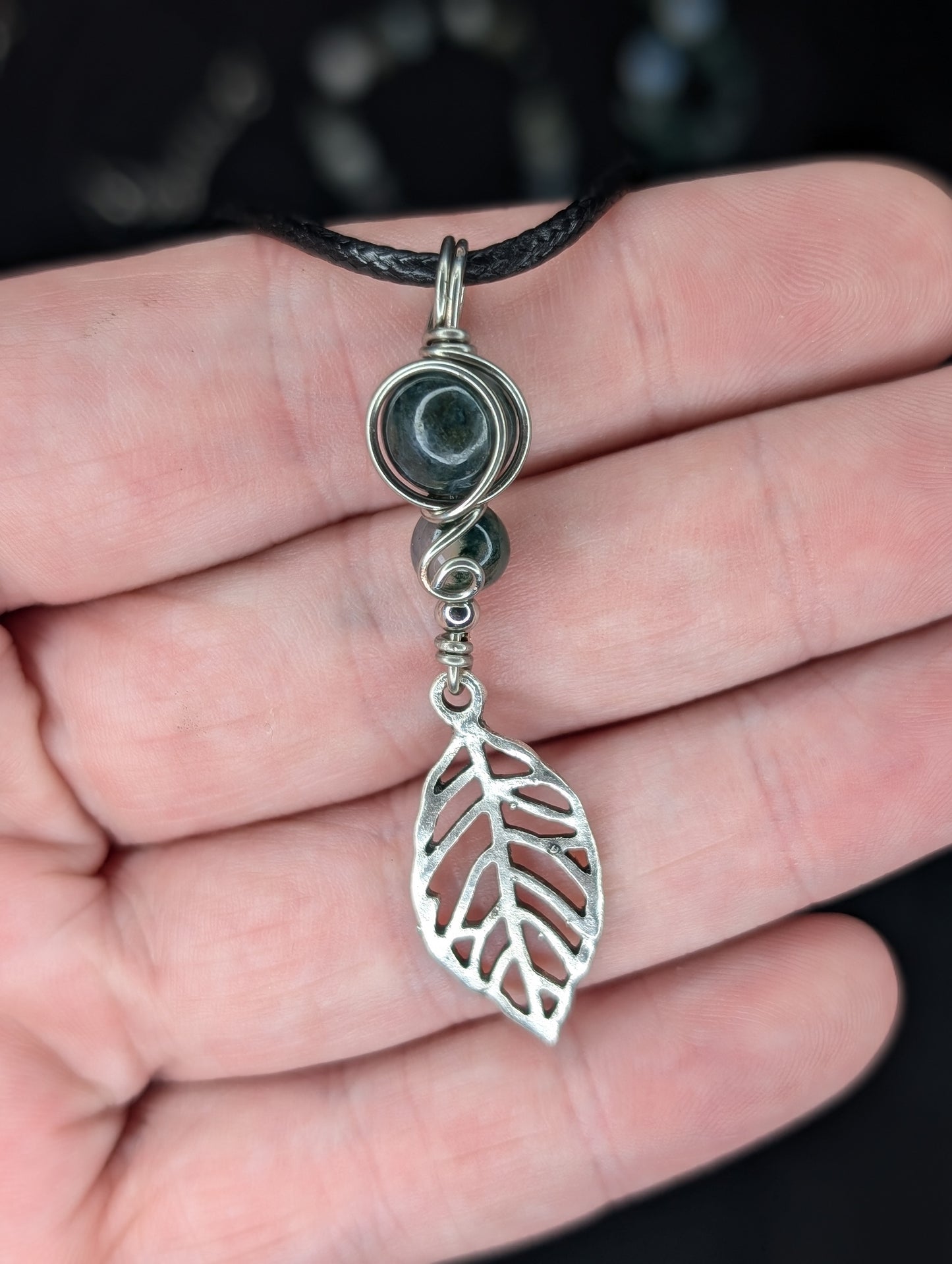 Handmade Moss Agate Leaf Wire Wrapped Pendant