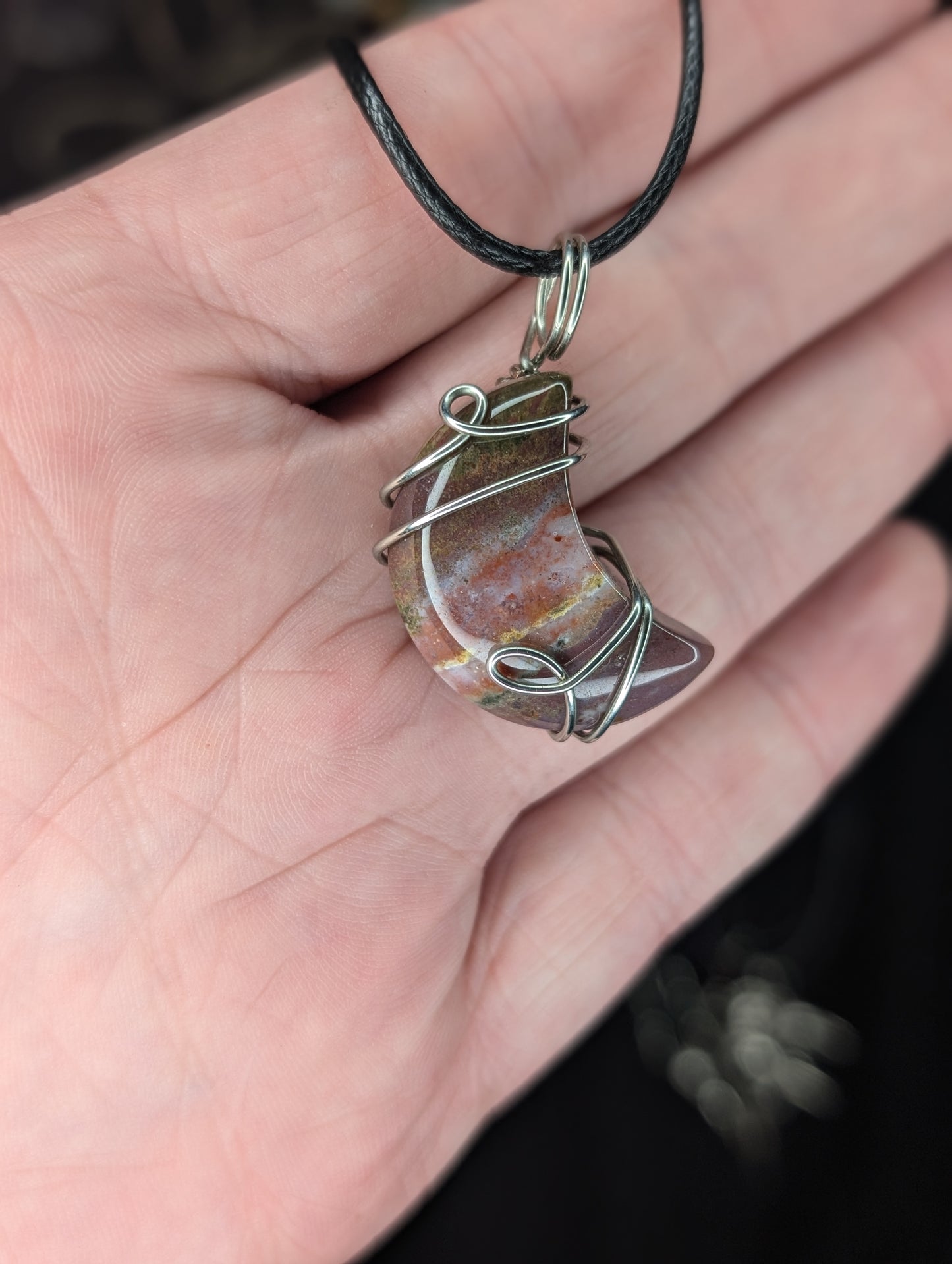 Handmade River Jasper Moon Wire Wrapped Pendant