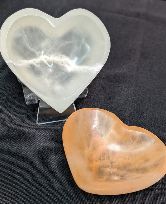 Peach Selenite & Selenite (Satin Spar) Heart Bowls