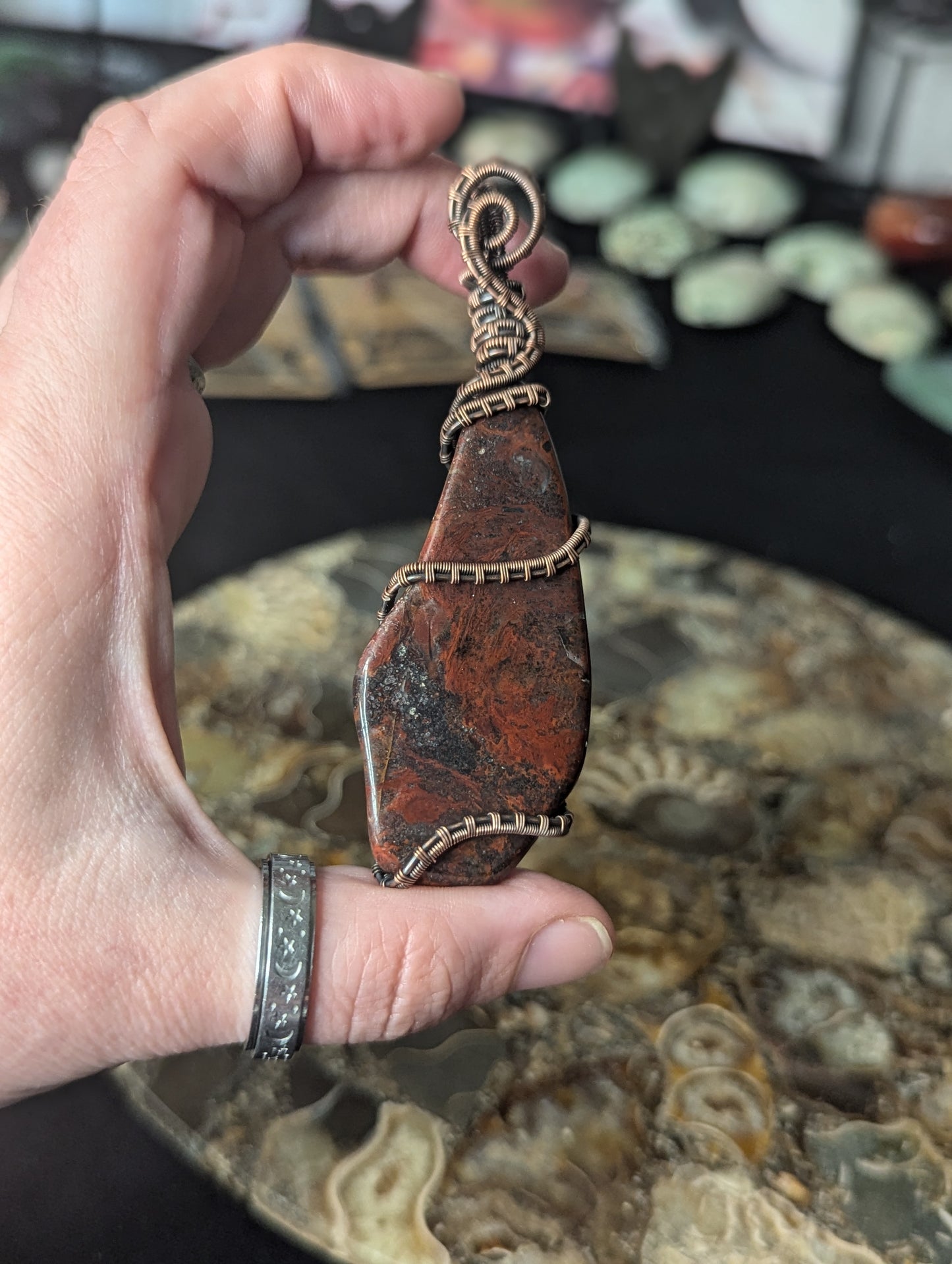 Handmade Red Jasper & Hematite Wire Wrapped Pendant