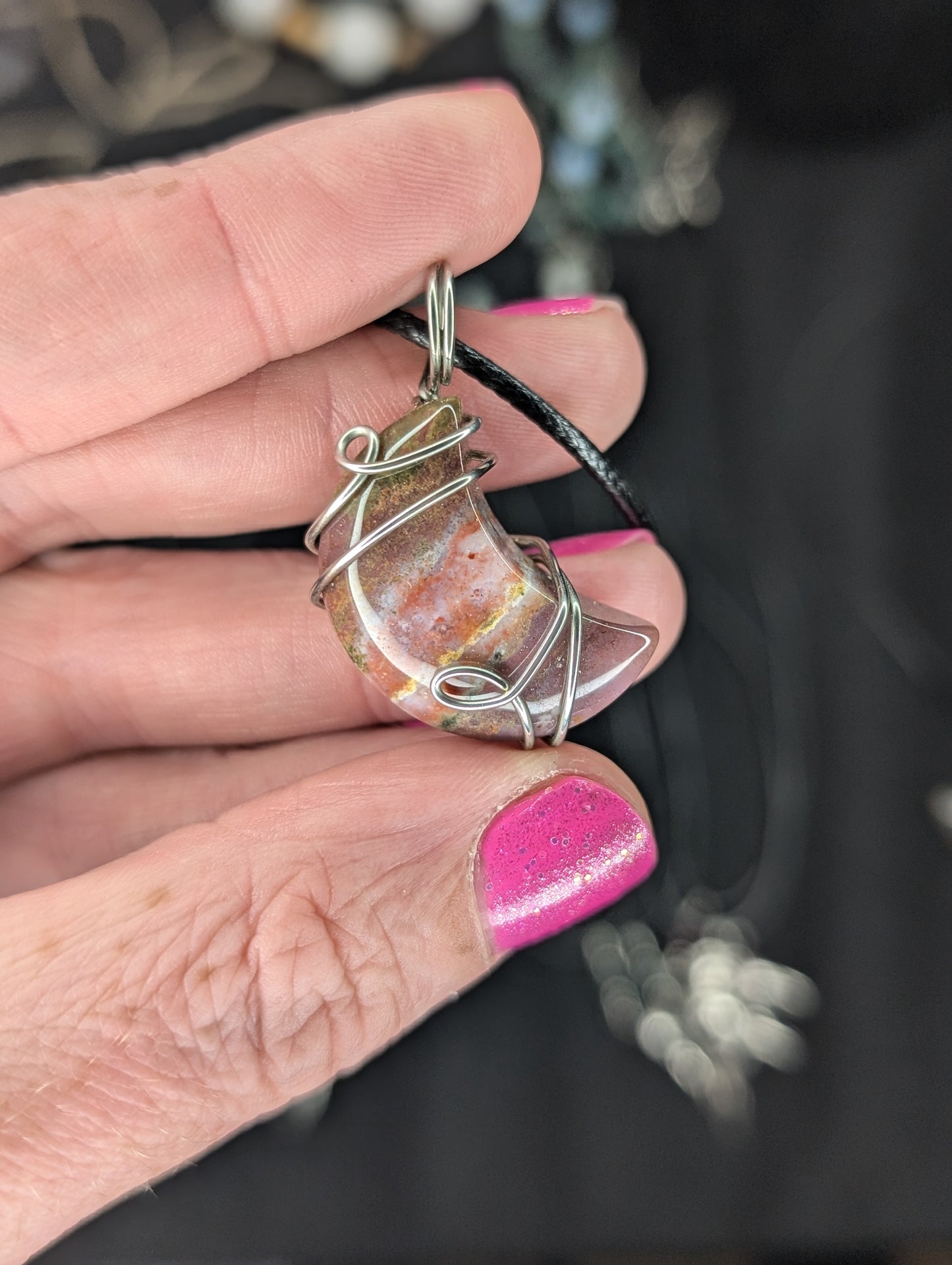 Handmade River Jasper Moon Wire Wrapped Pendant