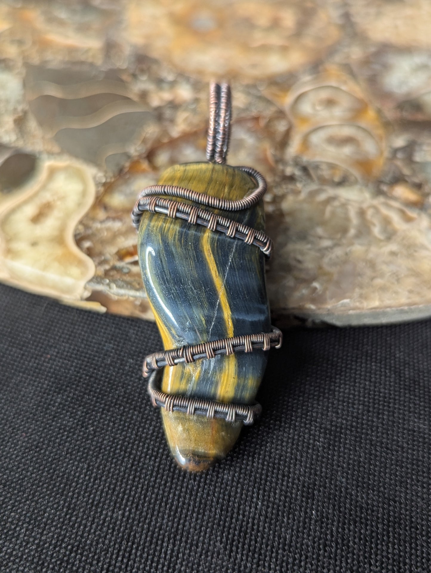 Handmade Tigers Eye & Hawk Eye Wire Wrapped Pendant